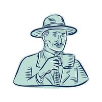 Mens fedora hoed drinken koffie etsen vector