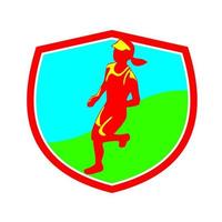 vrouw triatleet marathon loper schild vector