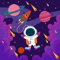 schattig astronaut drijvend met raket vector