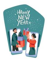 online nieuw jaar. nieuw jaar geschenken. Mens en vrouw met cadeaus in mobiel telefoons. vector afbeelding.