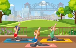 mensen aan het doen yoga Bij park vector