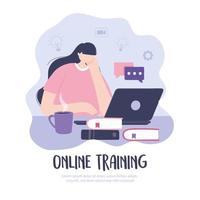meisje dat met laptop een online opleiding volgt vector