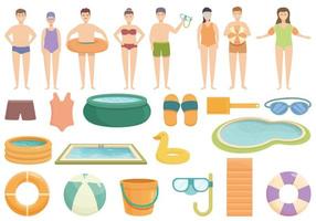 kinderen zwemmen zwembad pictogrammen reeks tekenfilm vector. werkzaamheid badmode vector