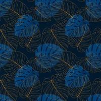 luxe patroon monstera chique donker blauw en goud, monstera contour en vormen. vector