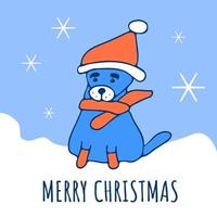 grappig schattig tekening puppy de kerstman claus vrolijk Kerstmis kaart. hond in Kerstmis hoed rood sjaal en sokken zitplaatsen Aan sneeuw, sneeuwvlokken vallen. groet uitnodiging partij folder vector illustratie.