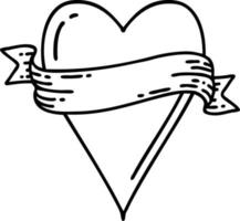 zwart lijn tatoeëren van een hart en banier vector