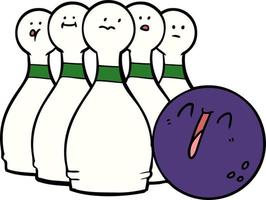 tekenfilm lachend bowling bal en pinnen vector