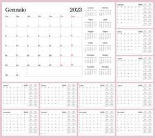 maandelijks kalender sjabloon voor 2023 jaar. week begint Aan maandag. Italiaans taal. muur kalender in een minimalistische stijl. vector