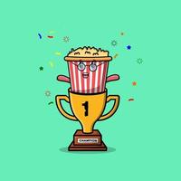 schattig tekenfilm popcorn karakter in trofee vector