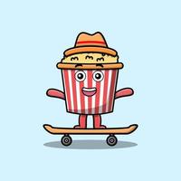 schattig tekenfilm popcorn staand Aan skateboard vector