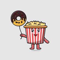 schattig tekenfilm popcorn drijvend met donuts ballon vector