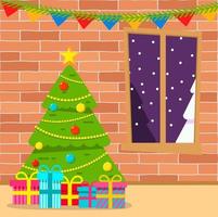 Kerstmis boom interieur versierd leven kamer met geschenken.brick muur.gelukkig nieuw jaar met ballen, speelgoed. vakantie tafereel winter.plat vector.in een venster een winter landschap met een pijnboom een boom. vector