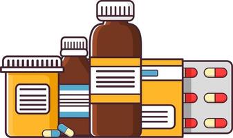 geneeskunde verdovende middelen pillen en flessen.blisters van tablets en capsules.potten glas en plastic met remedies. vlak lijn kunst vector. ziekenhuis gezondheidszorg en apotheek.farmaceutisch voorbereidende werkzaamheden, vitamines. vector