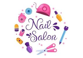 nagel Pools salon sjabloon hand- getrokken tekenfilm vlak illustratie ontvangen van manicure of pedicure met gereedschap en accessoires naar een jong meisje concept vector