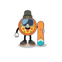 mascotte tekenfilm van pizza snowboard speler vector