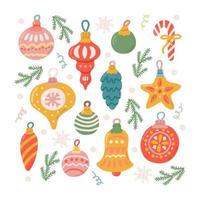 set kerstboomspeelgoed, vectorillustratie in vlakke stijl, decor voor ansichtkaarten, posters vector