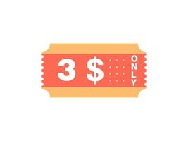 3 dollar enkel en alleen coupon teken of etiket of korting tegoedbon geld besparing label, met coupon vector illustratie zomer aanbod loopt af weekend vakantie