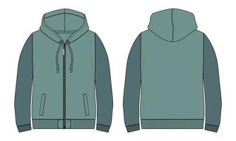 lange mouw hoodie technische mode platte schets vector illustratie sjabloon voor- en achterkant uitzicht.