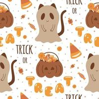 truc of traktatie patroon. zoet halloween snoepjes naadloos patroon. loli knal, pompoen truc of traktatie tas, geest kat. zoet kinderen achtergrond voor halloween. vector illustratie. halloween behang ontwerp.