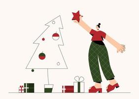 jong mooi vrouw geschilderd in een modieus stijl met groot vormen decoreren lineair Kerstmis boom. vector