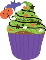 halloween cupcakes. schattig kinderen in pompoen, kat, vampier, heks hoed, knuppel, skelet en zwart kat kostuums. vector