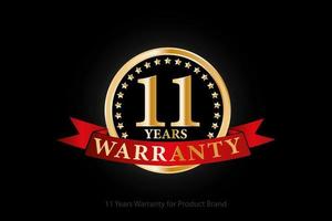 11 jaren gouden garantie logo met ring en rood lint geïsoleerd Aan zwart achtergrond, vector ontwerp voor Product garantie, garantie, onderhoud, zakelijk, en uw bedrijf.