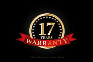 17 jaren gouden garantie logo met ring en rood lint geïsoleerd Aan zwart achtergrond, vector ontwerp voor Product garantie, garantie, onderhoud, zakelijk, en uw bedrijf.