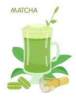 matcha in hoog glas kop vector illustratie. macarons met matcha, garde, thee bladeren.