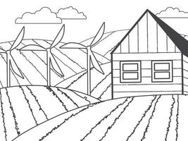 landelijk landschap. heuvels, velden, een huisje, en windmolens. monochroom kinderen illustratie. vector illustratie. kinderen kleur boek.