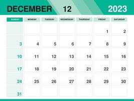 december 2023 sjabloon, kalender 2023 sjabloon vector, ontwerper maandelijks ontwerp, bureau kalender 2023, muur kalender ontwerp, minimaal stijl, advertentie, poster, het drukken media, groen achtergrond concept vector