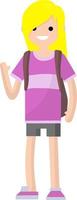 jong meisje in roze t-shirt, shorts en een rugzak zwaaien. vrouw in zomer sportkleding. leerling en reiziger. tekenfilm vlak illustratie vector