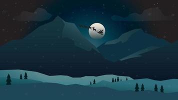 Kerstmis vooravond met heuvels, bergen landschap en silhouetten van dennen. vector