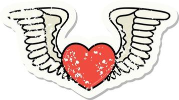 traditioneel verontrust sticker tatoeëren van een hart met Vleugels vector