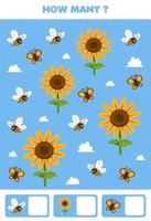 onderwijs spel voor kinderen zoeken en tellen hoe veel voorwerpen van schattig tekenfilm bij vlinder zonnebloem afdrukbare boerderij werkblad vector