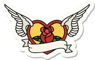 tatoeëren stijl sticker van een vliegend hart met bloemen en banier vector