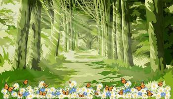 voorjaar Woud boom met zon stralen vallend in een dik jungle, vector tekenfilm nevelig Woud landschap van natuur met zon licht schijnend in ochtend- in groen Woud gebladerte, vlinder vliegend Aan madeliefje bloem