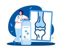 een vrouw medisch arbeider. reumatoloog met een tablet. de concept van geneeskunde en Gezondheid. vector illustratie in een vlak stijl Aan een blauw achtergrond
