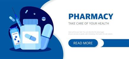 landen bladzijde van de apotheek website. de concept van geneeskunde en Gezondheid. vector illustratie in een vlak stijl Aan een blauw achtergrond