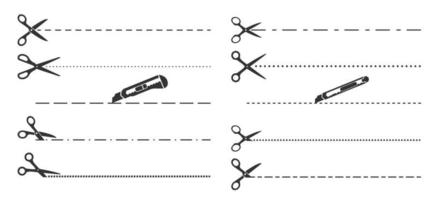 besnoeiing lijnen, schaar, snijder en mes snijdend lijn vector