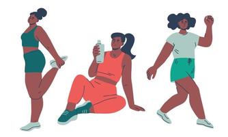 Dames werken uit set. actief sportief zwart vrouw karakters. hand- getrokken vector illustratie