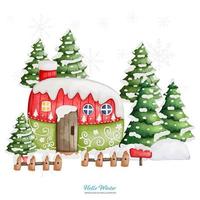 tafereel van winter huis met sneeuw pet en houten schutting, waterverf vector illustratie