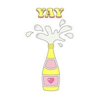 Champagne spatten feestelijk fles met een hart vrijgezellin partij illustratie in groovy stijl tijdelijk sticker of insigne vector