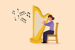 bedrijf vlak tekenfilm stijl tekening vrouw musicus spelen harp. klassiek muziek- performer karakter met musical instrument. vrouw zitten, spelen harp. grafisch karakter ontwerp vector illustratie