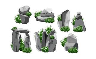 verzameling van stenen en planten van divers vormen.kust kiezels, kasseien, grind, mineralen en geologisch formaties.rock fragmenten, keien en gebouw materiaal. vector