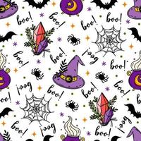 halloween naadloos vector patroon. herfst vakantie symbool - heks hoed, spin web, knuppel, ketel, magie kristal, boe. helder vlak illustratie, tekenfilm. achtergrond voor behang, inpakken, kleding stof
