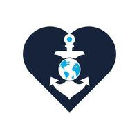 anker wereldbol hart vorm concept logo sjabloon. anker en planeet logo combinatie. marinier en wereld symbool of icoon. vector