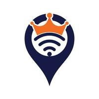 koning Wifi kaart pin vorm concept logo sjabloon vector. kroon en Wifi vector logo sjabloon.