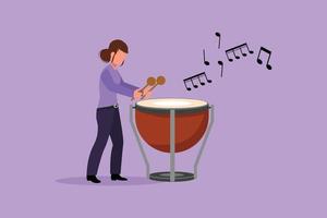 bedrijf vlak tekening vrouw percussie speler Speel Aan pauken. vrouw performer Holding stok en spelen musical instrument. musical instrument pauken. tekenfilm karakter ontwerp vector illustratie