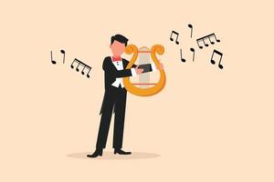 bedrijf vlak tekenfilm stijl tekening mannetje musicus spelen lier. klassiek muziek- orkest Mens artiest met muziek- instrument. professioneel musicus presteert Aan fase. grafisch ontwerp vector illustratie