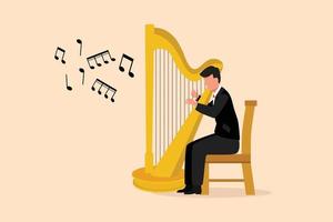 bedrijf vlak stijl tekening Mens musicus spelen harp. klassiek muziek- performer karakter met musical instrument. mannetje zittend Aan stoel en spelen harp. tekenfilm ontwerp grafisch vector illustratie
